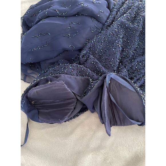 Vintage Peak Evenings Dress Womens 8 Navy Beaded Long Sheer Sleeves Maxi - Picture 10 of 13